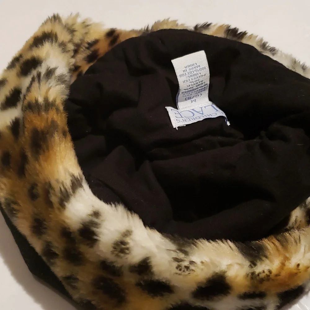 Children's Place Leopard Faux Fur Trim Girls velour hat lined BLACK Warm Soft